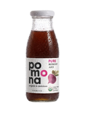 A bottle of Pomona Pure Beetroot Juice on a white background, featuring a clear glass bottle with condensation droplets, dark red juice inside, and a white label with pink and black text.