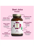 Beet Juice Powder, by Pure Synergy, container with features on a pink background