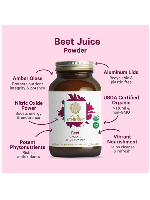 Beet Juice Powder, by Pure Synergy, container with features on a pink background
