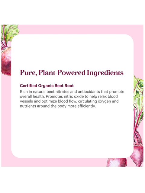 Certified Organic Beet Root information card with pink border and beet root images.