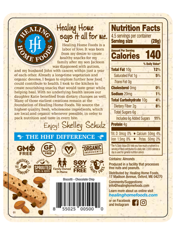 Chocolate Chip Biscotti, Healing Home Foods, Label