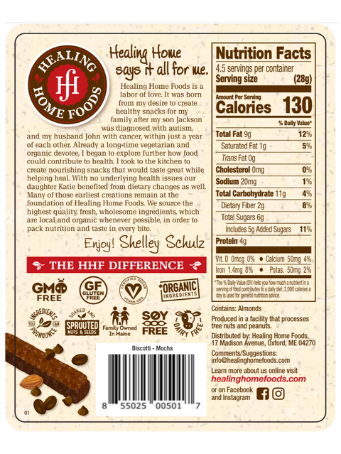 Mocha Biscotti, Healing Home Foods, Label