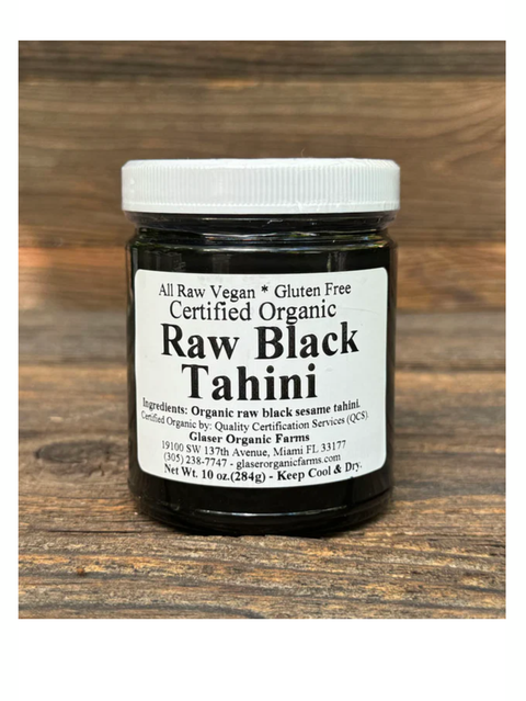 Tahini, Black, Stone Ground, 16oz, Glaser Organic Farms on a wooden shelf