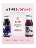 A promotional graphic for Pomona Pure Blackberry juice showing a side-by-side comparison of old and new packaging. The left bottle displays the old label with a purple-to-black gradient and white cap, while the right bottle shows the new minimalist white label with a silver cap.