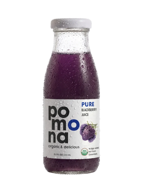 A bottle of PomoNa Pure Blackberry Juice with a white label and silver cap, shown on a plain white background.
