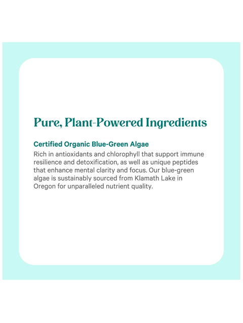 Text about certified organic blue-green algae on a light blue background