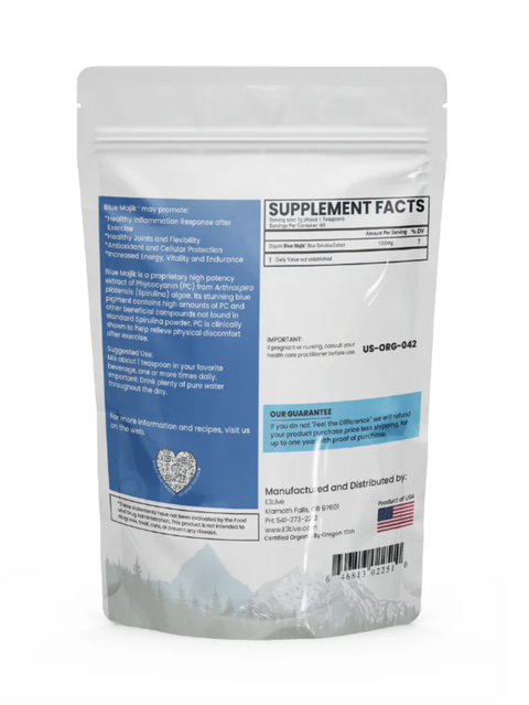Blue Majik, powder, Natural Phycocyanin-Rich Extract, E3Live, back of package