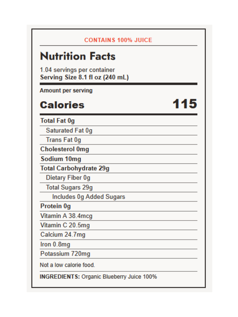 Blueberry Juice, Organic, Cold-Pressed, 8.4oz, Pomona, nutrition facts