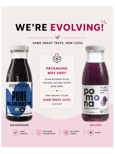 Blueberry Juice, Organic, Cold-Pressed, 8.4oz, Pomona. old and new packaging