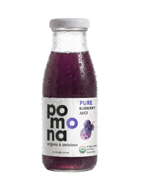 A bottle of Pomona Pure Blueberry Juice with a white cap and a white label featuring purple-blueberry graphics, set against a plain white background.