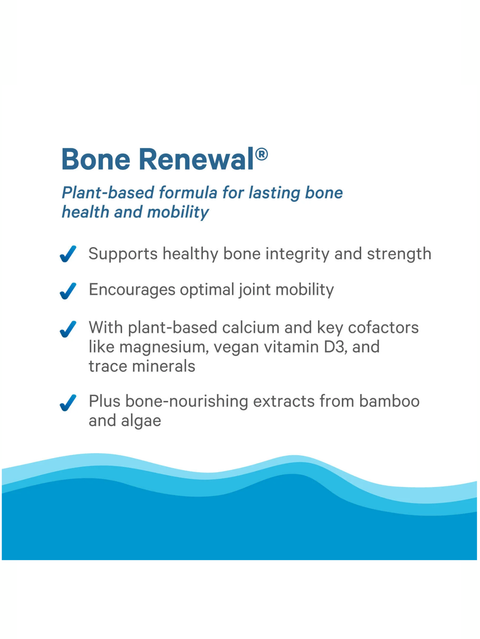 Advertisement for Bone Renewal with text about plant-based bone health formula on a white background.
