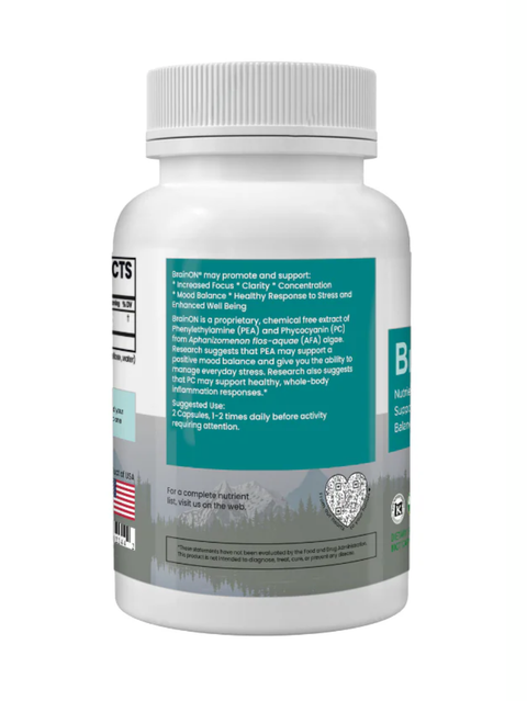 BrainOn, Mood and Focus Enhancer, 90 Capsules, E3Live, Benefits label