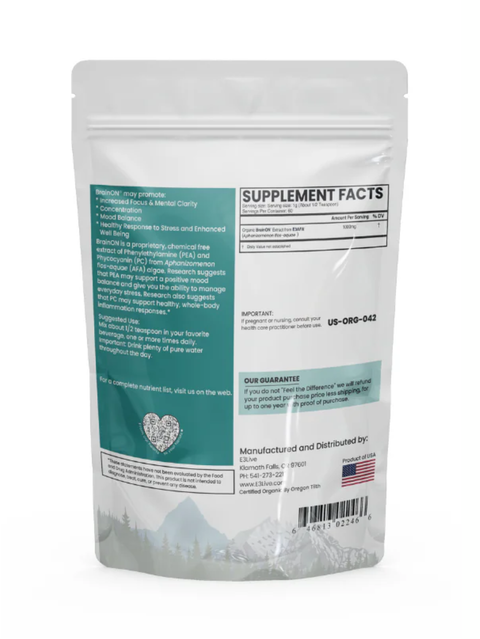 BrainOn, Mood and Focus Enhancer, Powder, E3 Live, back of package