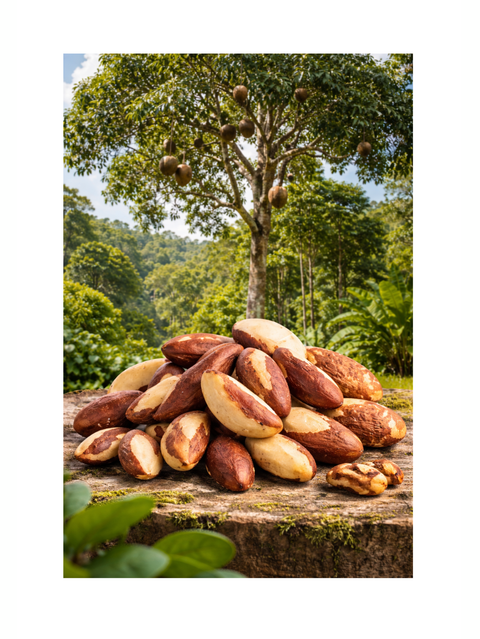 Pile of Brazil nuts on a wooden log with a tree and forest in the background