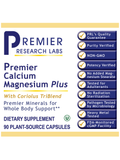 Supplement label for Premier Calcium Magnesium Plus by Premier Research Labs with various certification badges on a white background.