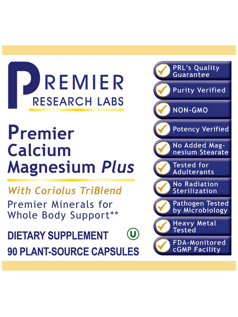Supplement label for Premier Calcium Magnesium Plus by Premier Research Labs with various certification badges on a white background.
