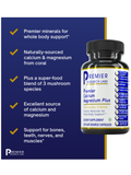 Calcium Magnesium Plus, 90 Veg Caps, Premier Research Labs on a blue background, featuring text about supplement benefits.