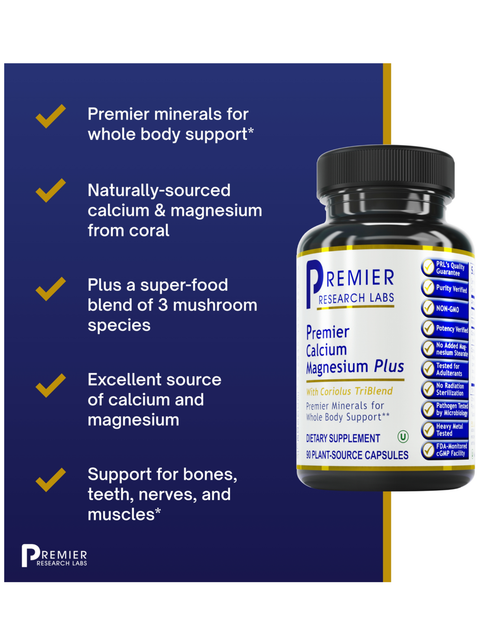 Calcium Magnesium Plus, 90 Veg Caps, Premier Research Labs on a blue background, featuring text about supplement benefits.