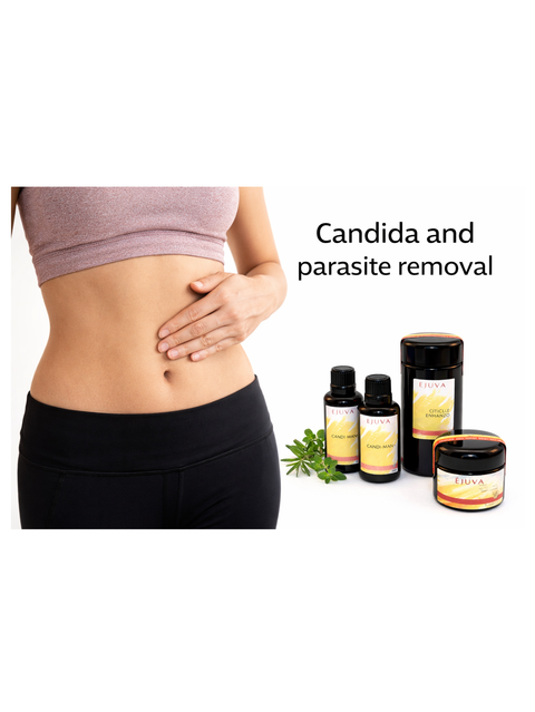 Product packaging for candida and parasite removal with a person showing their abdomen.