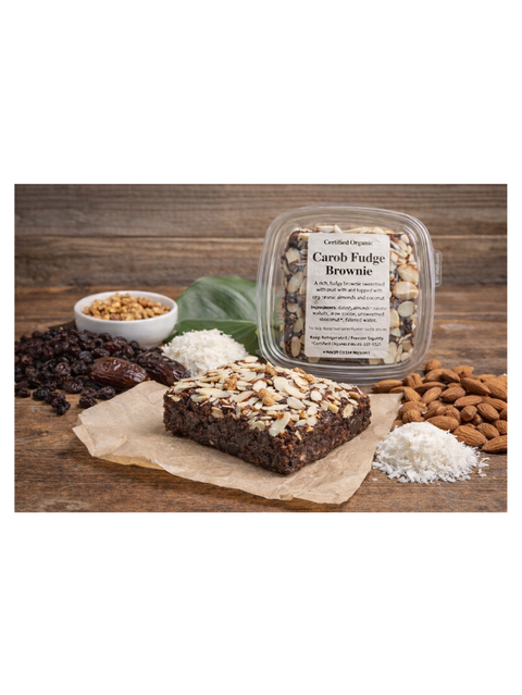 Carob Fudgy Brownie, Glaser Organic Farms, opened container on table