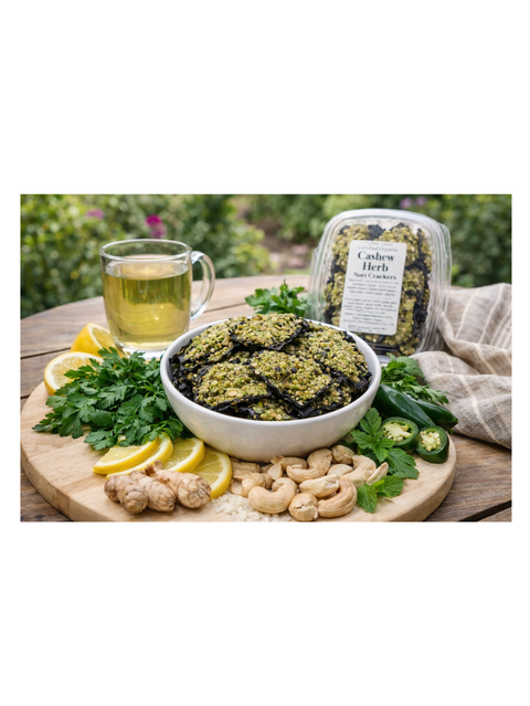 Bowl of food on a wooden table with a glass of tea and a package of cashew herb crackers.