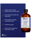Bottle of Premier Organic Castor Oil with product details on a blue background
