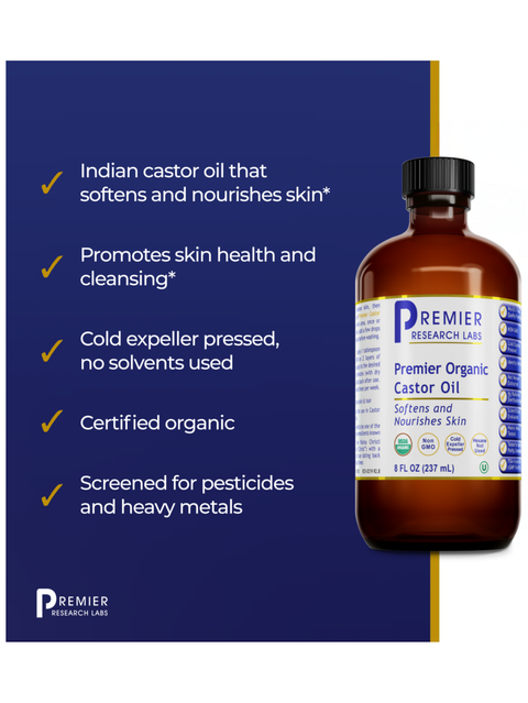 Bottle of Premier Organic Castor Oil with product details on a blue background