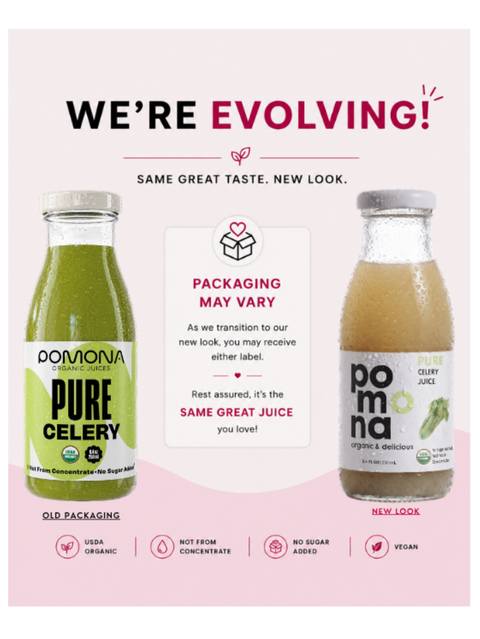 A promotional graphic for Pomona Organic Celery Juice showing two bottles side by side: the left labeled 'OLD PACKAGING' with a green juice and white label, and the right labeled 'NEW LOOK' with a tan/golden juice and a different label design. The background is light pink with headline text reading 'WE'RE EVOLVING!' and additional packaging-change messaging.