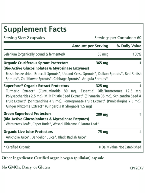 Supplement facts label for Cell Protector, 120 Veg Caps, Pure Synergy, with various health benefits listed on a white background