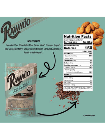 Chocolate Covered Sprouted Almonds, 2oz, Rawmio, Facts