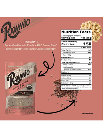 Chocolate Covered Cashews, 2oz, Rawmio, Nutrition Facts