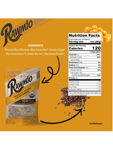 Chocolate Covered Golden Berries, 2oz, Rawmio, facts