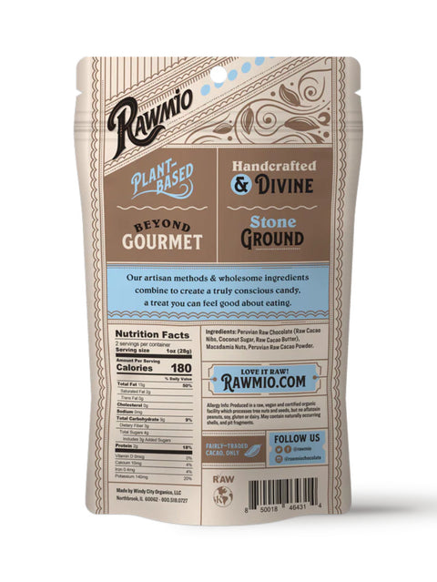 Chocolate Covered Macadamia Nuts, 2oz, Rawmio, Back