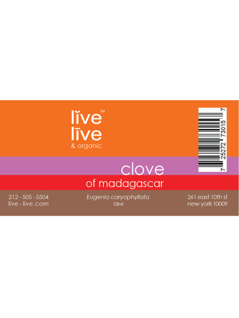 Clove of Madagascar Essential Oil, Eugenia caryophyllata, 10ml, Live Live & Organic, Label