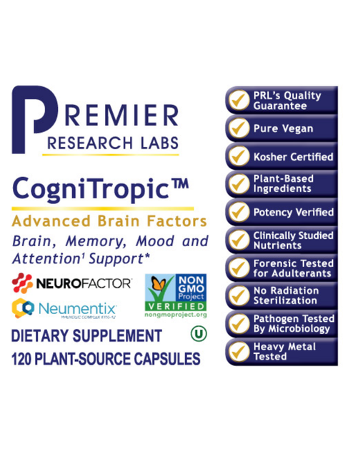 Advertisement for Premier Research Labs CogniTropic dietary supplement on a white background