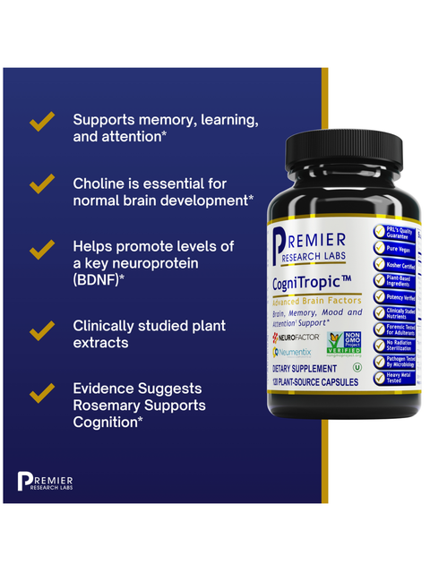 Supplement bottle labeled 'Cognitropic' by Premier Research Labs with text highlighting benefits on a blue background.