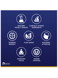 Navy blue background with white icons and text about product attributes.