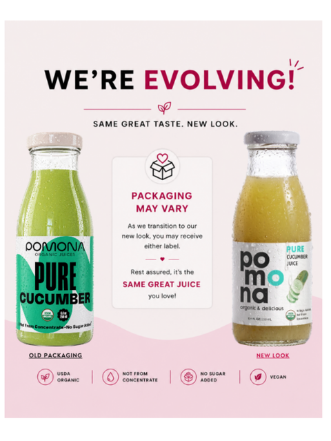 A promotional graphic for Pomona Pure Cucumber juice showing two bottle views on a pink background. The left bottle shows the old packaging with a green label, and the right bottle shows the new packaging with a white label.