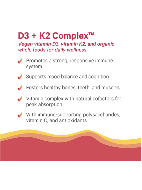 Vegan vitamin D3, K2, and organic whole foods supplement description with benefits listed.