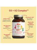 Supplement bottle labeled 'D3 + K2 Complex' with features highlighted on a yellow background
