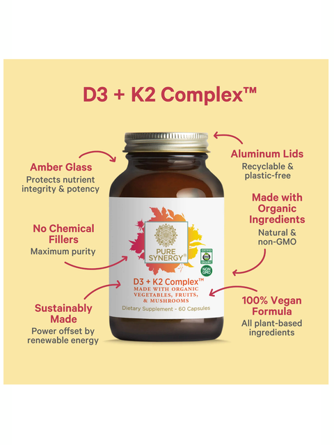Supplement bottle labeled 'D3 + K2 Complex' with features highlighted on a yellow background