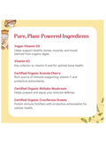 List of pure, plant-powered ingredients for D3 + K2 Complex, Vegan, 60 Caps, Pure Synergy, with a yellow border and nature-themed design.
