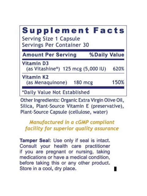 D3 + K2, 30 veg caps, Premier Research Labs, ingredients