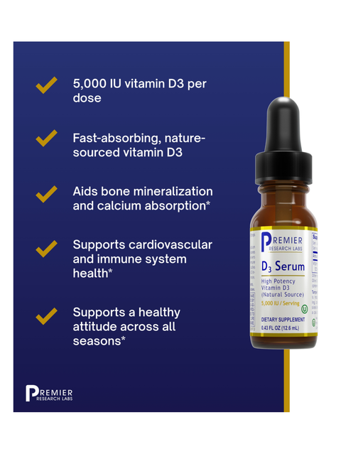 D3 Serum, 1000 IU per drop, Premier Research Labs, icons with product highlights