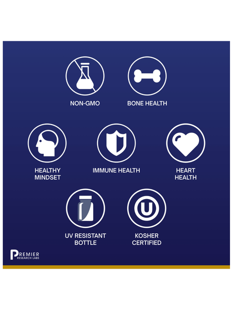 D3 Serum, 1000 IU per drop, Premier Research Labs, icons with product benefits
