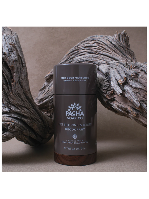 A dark brown cylindrical deodorant container from Pacha Soap Co. stands upright against a neutral background with decorative driftwood branches behind it.