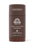 A brown cylindrical deodorant stick container with a matching brown cap, featuring white text that reads 'PACHA SOAP CO DESERT PINE & RESIN DEODORANT' on a clean white background.