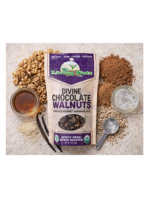 Living Nutz Divine Chocolate Walnuts package surrounded by ingredients on a textured surface