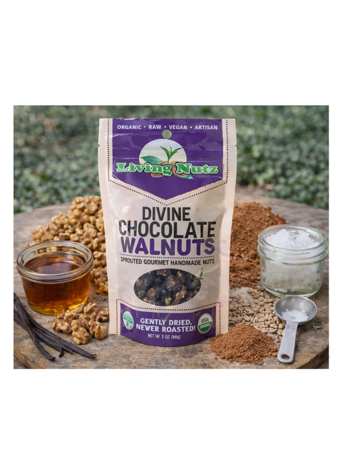 Living Nutz Divine Chocolate Walnuts package on a wooden surface with ingredients.