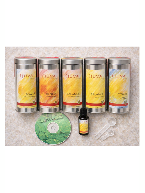 Collection of Ejuva products including tins, a bottle, and a CD on a textured surface.